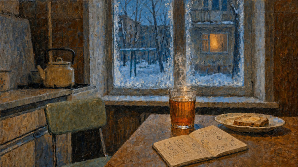 In From The Cold Extrait de Parfum by Pictura Fragrans: painting of black tea steaming beside a frosted window in a winter kitchen